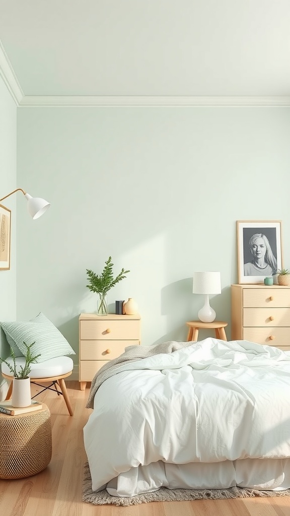 A softly painted mint bedroom with a cozy atmosphere, featuring light wooden furniture and plants