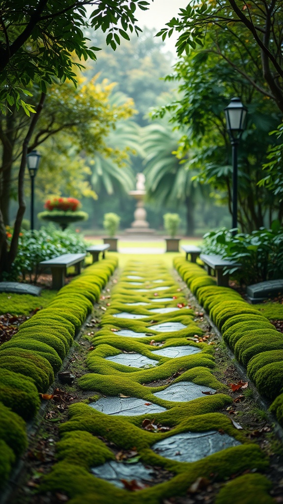 A serene pathway covered in soft green moss with stone steps, surrounded by lush greenery and garden benches.