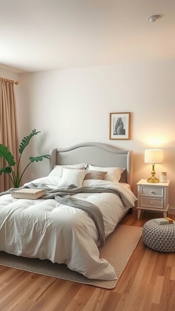 A serene feminine bedroom featuring a soft neutral color scheme with a cozy bed and stylish decor.