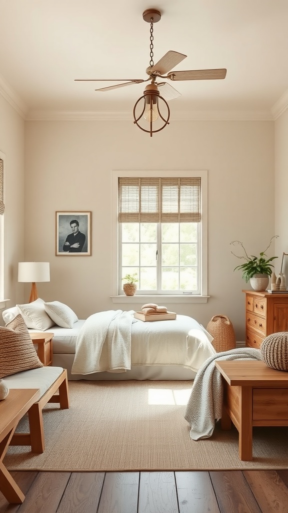 Cozy farmhouse bedroom with neutral colors, wooden furniture, and soft textiles