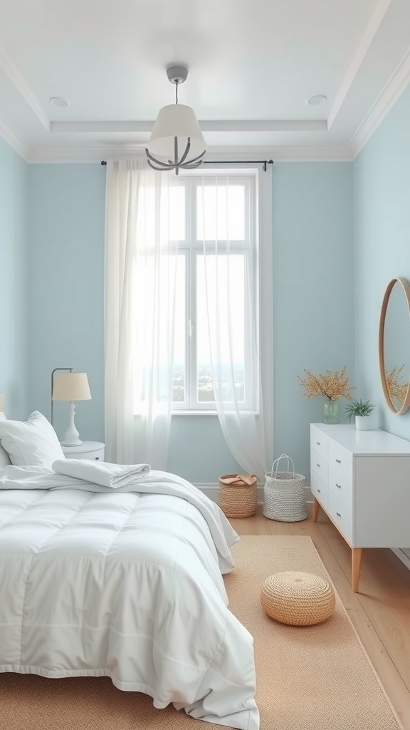A serene blue bedroom featuring soft blue walls, white bedding, and natural decor elements.