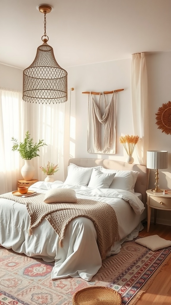 A cozy Rustic Boho style bedroom featuring soft pastel accents, natural materials, and plants.