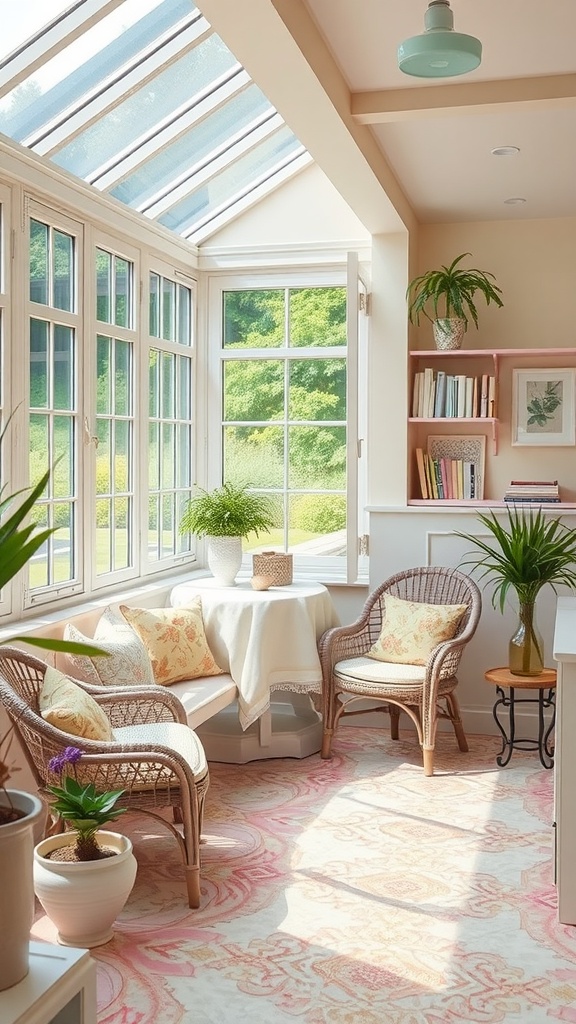 A cozy sunroom with soft pastel accents, featuring wicker chairs, a small round table, and lush plants.