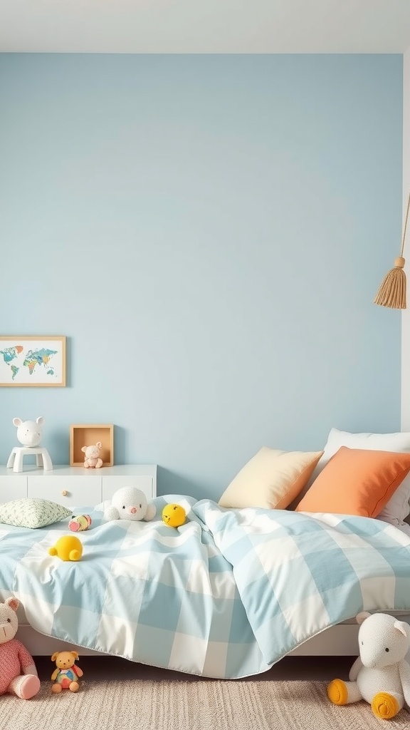 A pastel blue bedroom with playful touches, featuring a checkered blanket, colorful pillows, and stuffed animals.