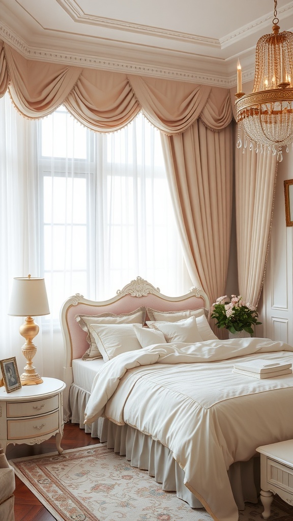 A beautifully designed feminine bedroom featuring soft pastel colors and elegant decor.