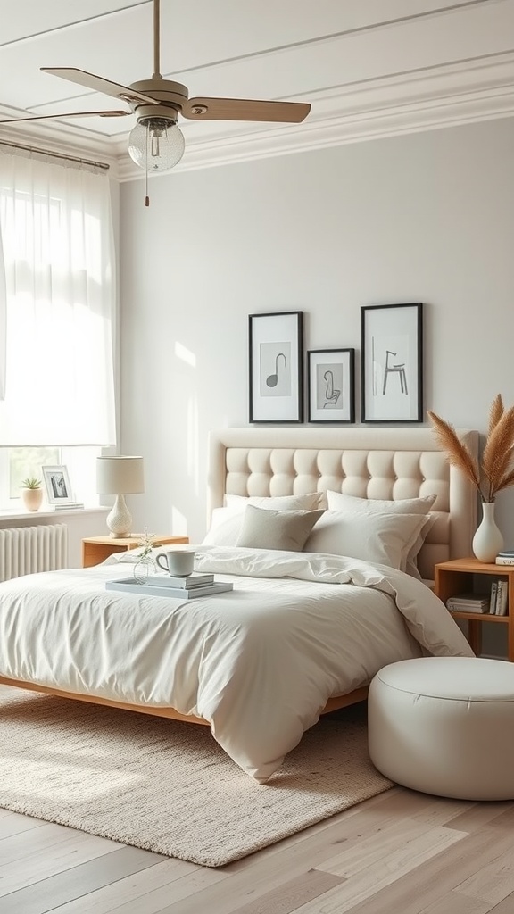 A stylish neutral bedroom featuring soft pastels and neutral bases, with a cozy bed, wooden furniture, and elegant decor.