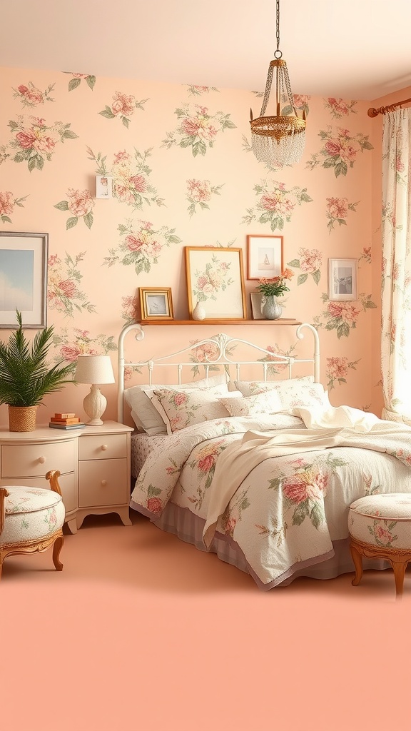 A cozy farmhouse bedroom with soft peach walls and floral accents, featuring a white bed and vintage decor.