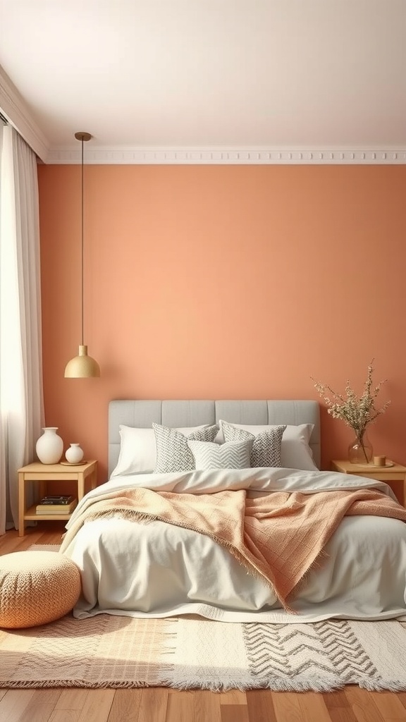 A cozy bedroom featuring a soft peach accent wall, complemented by neutral bedding and farmhouse decor elements.