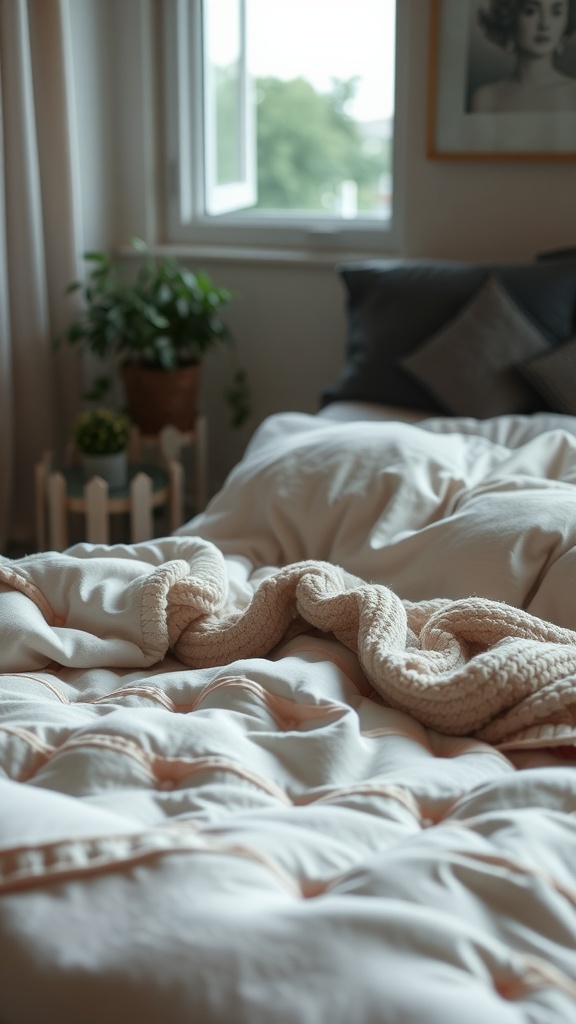 A cozy bed with a soft, plush comforter and a decorative throw, in a rustic boho style bedroom setting.
