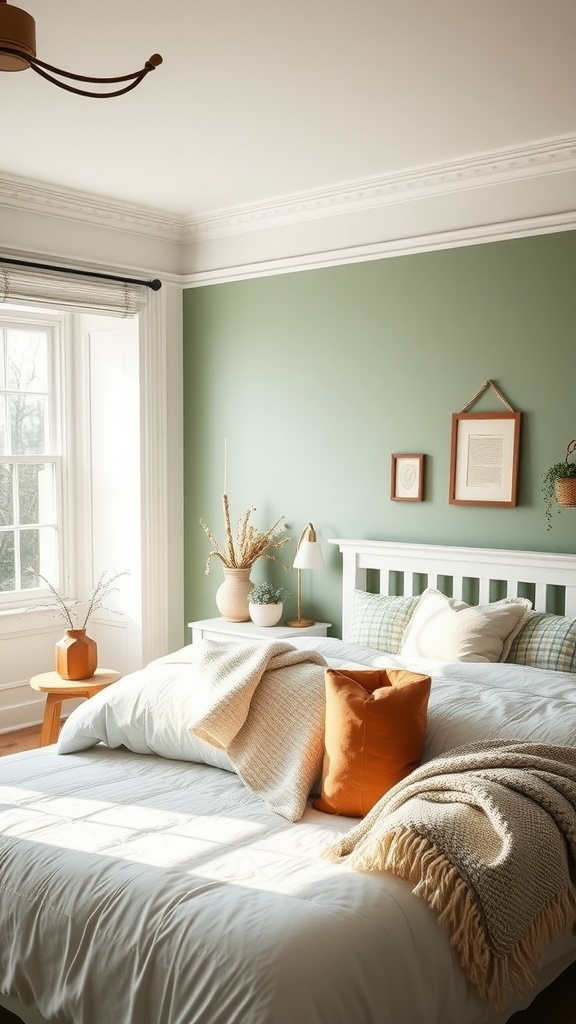 Bedroom with soft sage green accent wall, white bed, and warm colored pillows.