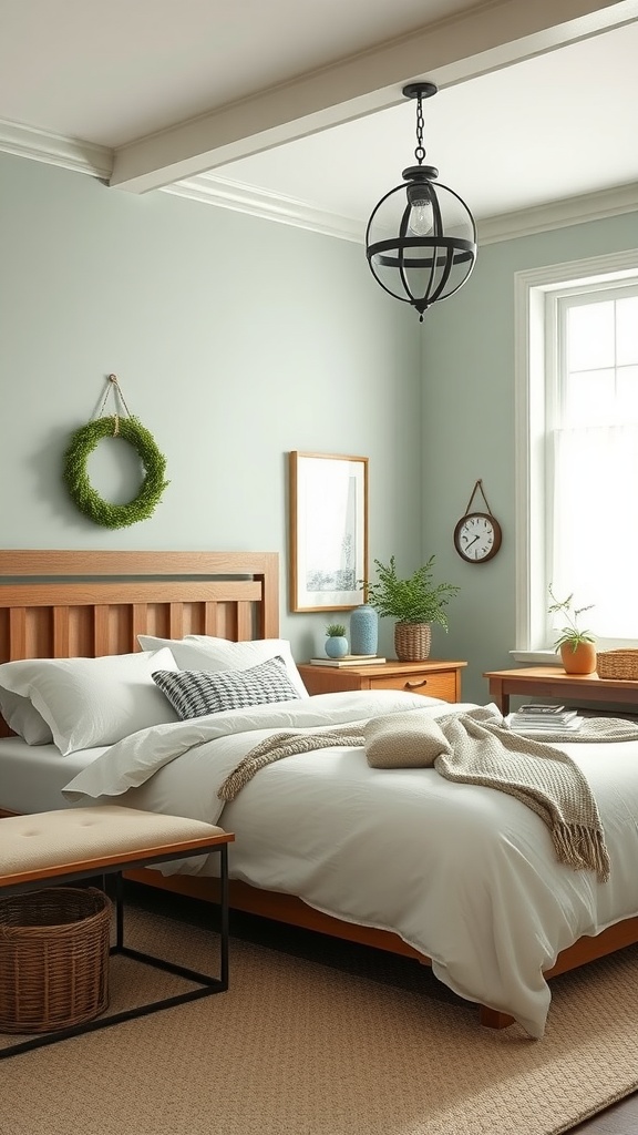 A cozy bedroom with a soft sage green accent wall, wooden furniture, and natural decor elements.