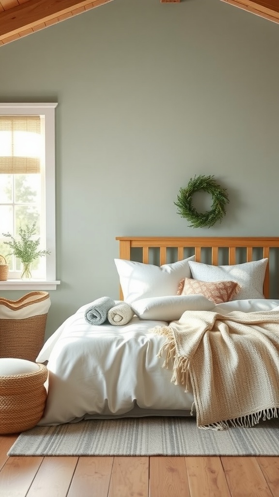 A tranquil farmhouse bedroom with soft sage green walls, a wooden bed frame, cozy bedding, and natural decor elements.