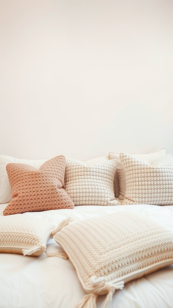 A beautifully arranged bed with soft textured throw pillows in warm tones