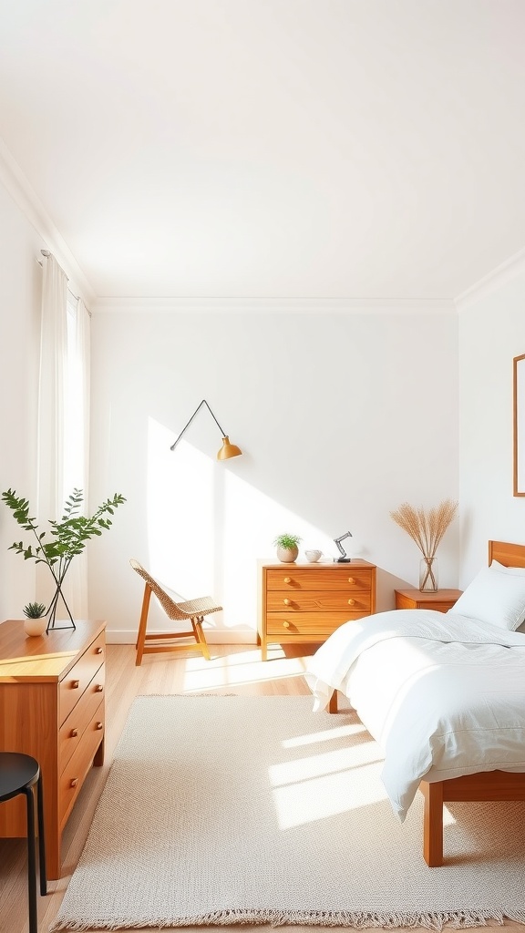 A serene bedroom with soft white bedding and natural wood furniture, featuring plants and warm sunlight.