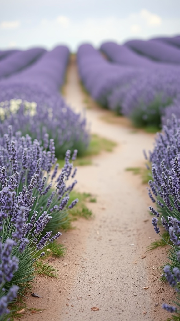 A curved pathway through a lavender field, surrounded by blooming lavender plants.