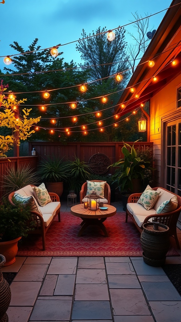 Cozy boho patio with solar-powered string lights, comfortable seating, and vibrant plants.