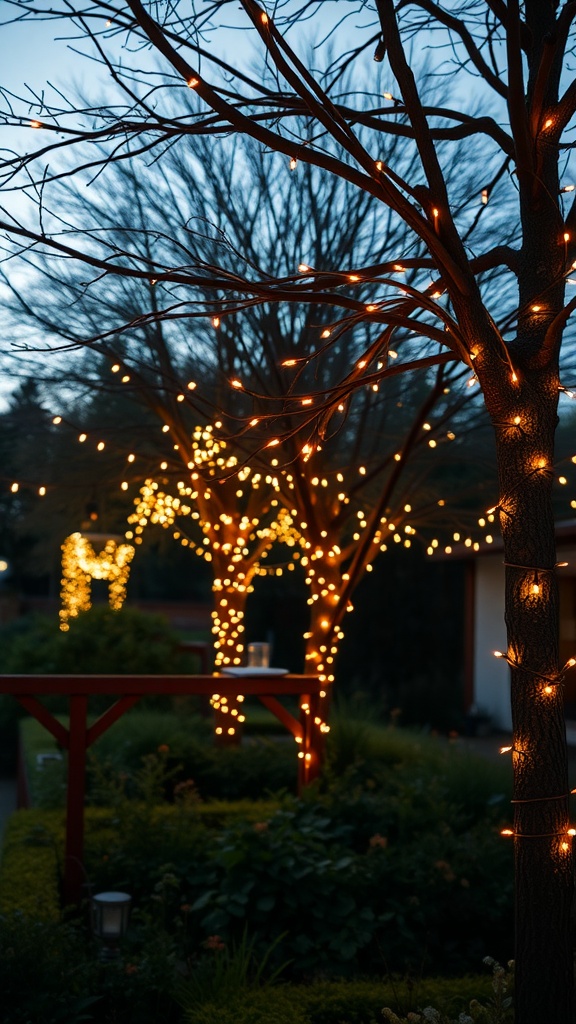 A garden illuminated with solar-powered string lights in the evening