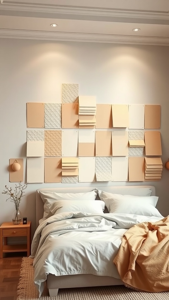 A cozy beige bedroom featuring a textured wall and minimalist decor.