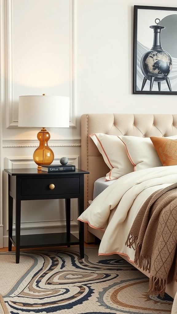 Sophisticated black and cream bedside table in a cozy bedroom setting
