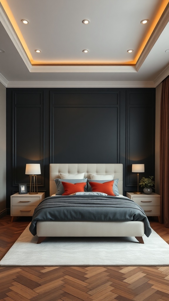 Elegant modern farmhouse bedroom with a black accent wall and cozy bedding