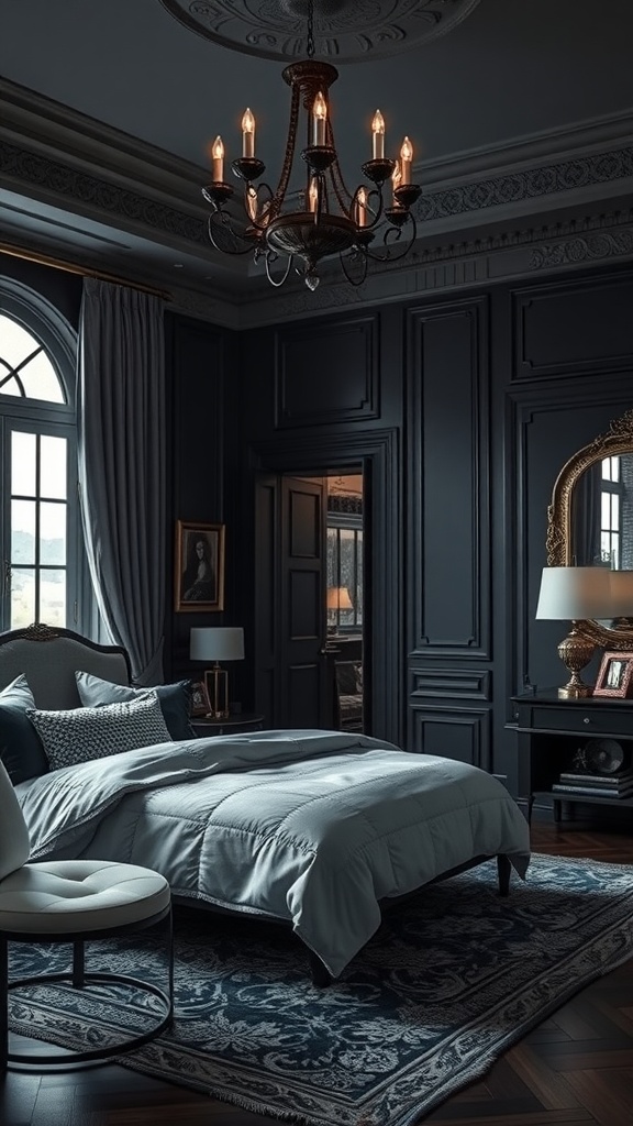 A sophisticated dark bedroom featuring a gray bedspread, dark walls, a chandelier, and a large mirror.