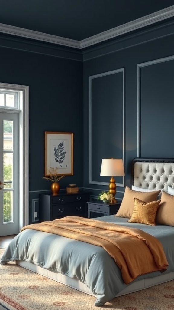 A sophisticated bedroom with dark blue walls, elegant bedding, and stylish decor.