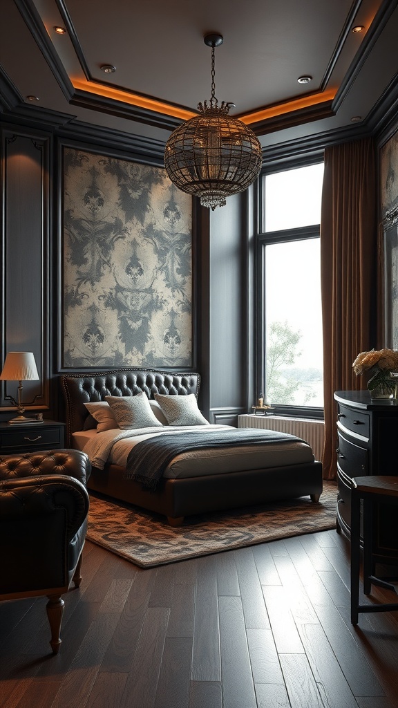 Dark leather furniture in a sophisticated bedroom with warm lighting