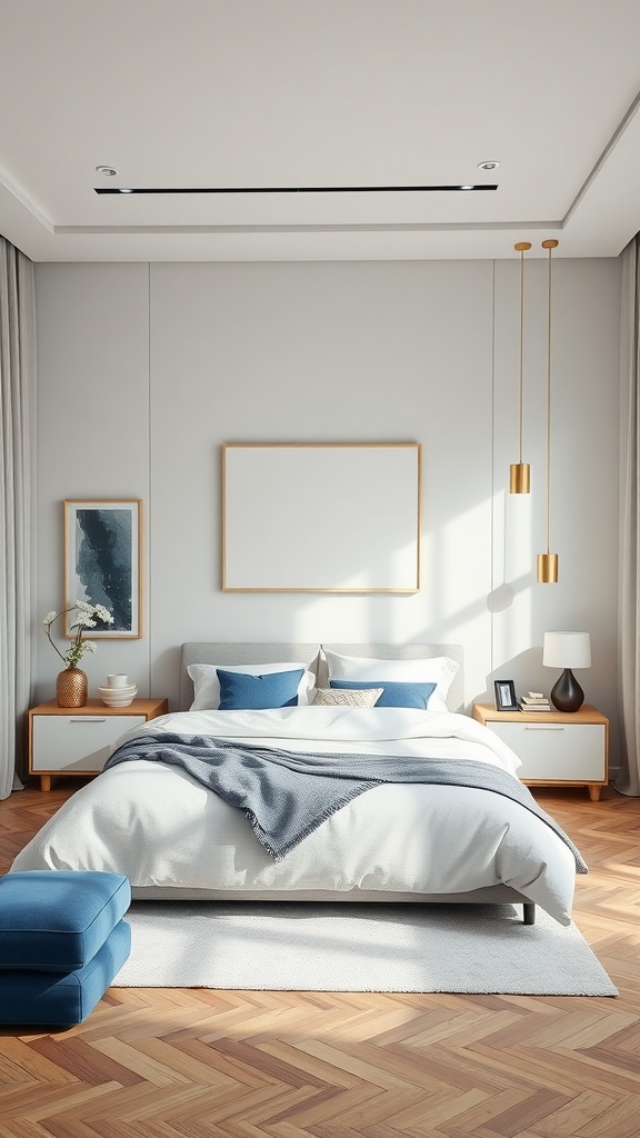 A minimalistic bedroom with a gold and blue color scheme, featuring a bed with blue pillows, wooden furniture, and elegant decor.