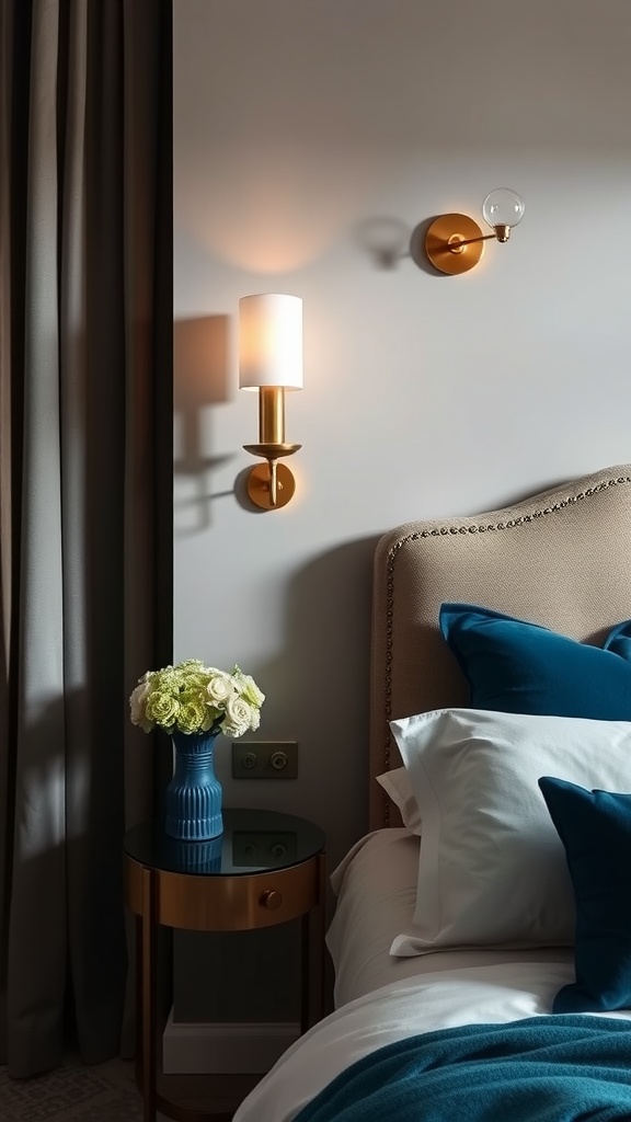 Elegant wall sconces beside a bed in a cozy gold and blue bedroom setting