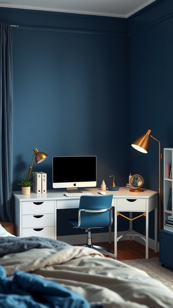 A stylish workspace nook featuring a blue wall, a white desk with a computer, and gold accents.