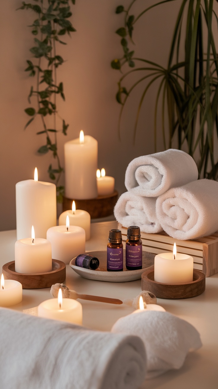 A tranquil spa setup with candles, rolled towels, and essential oils creating a calming atmosphere.