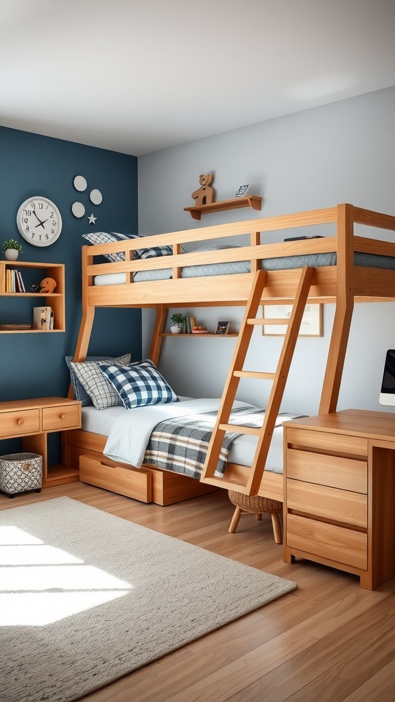 A well-designed bedroom featuring a high sleeper bed, storage solutions, and a desk in a twin boys bedroom.