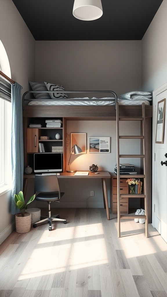 A modern teenage bedroom featuring a loft bed with a desk and chair underneath, showcasing a clean and organized space.