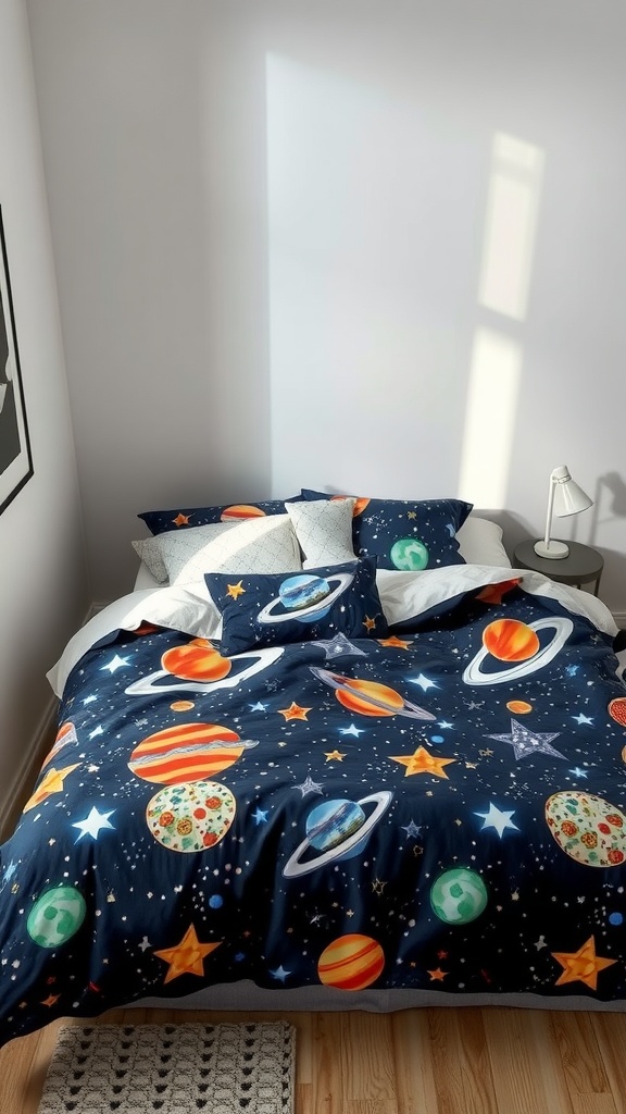 Space-themed bedspread with planets and stars