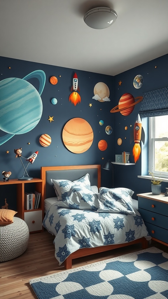 A boy's bedroom decorated with space exploration theme featuring planets, rockets, and star patterns.