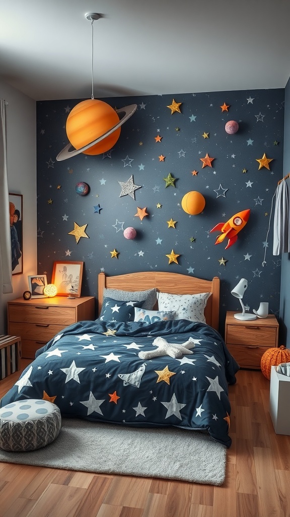 A boys bedroom featuring space exploration decor with planets, stars, and a rocket theme.