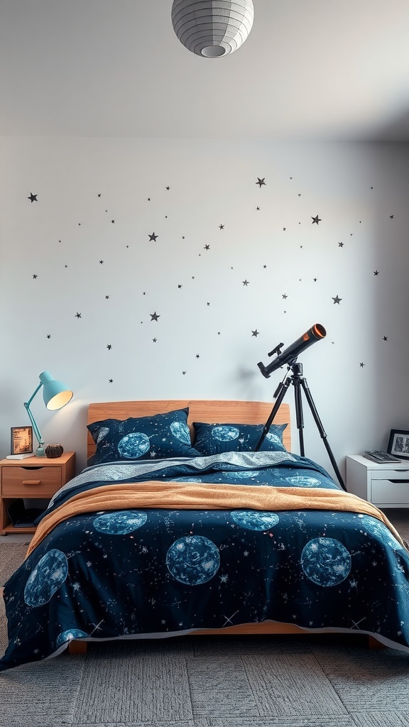 A teenage boy's bedroom featuring galaxy print bedding, a telescope, and star decor.