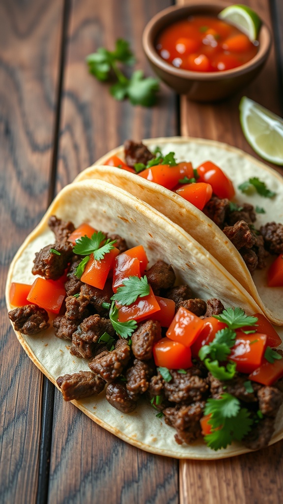 Spicy beef tacos served with fresh salsa and garnished with cilantro.