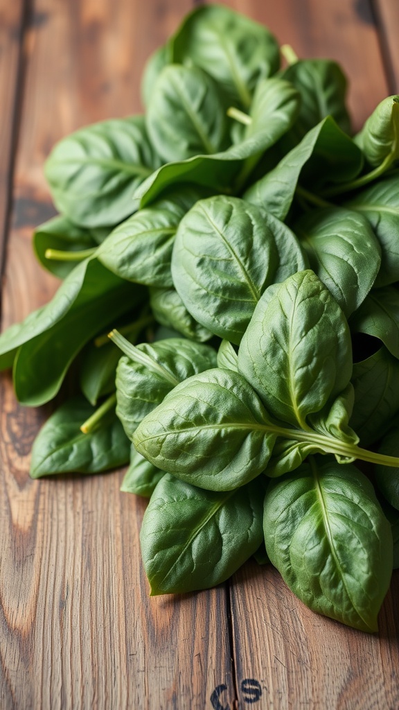 Fresh spinach leaves on a wooden surface