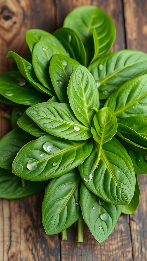 Fresh spinach leaves with water droplets on a wooden surface