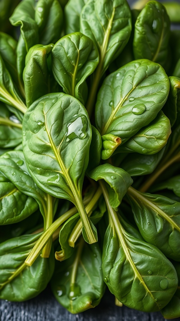 Fresh spinach leaves glistening with water droplets
