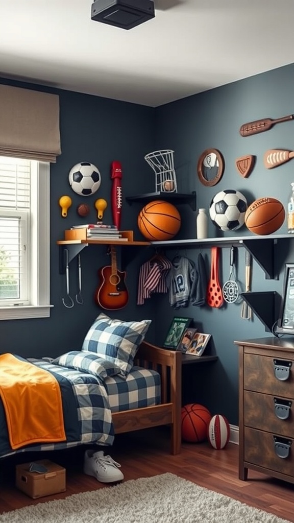 A boy's bedroom featuring a sports equipment display on the wall, including various balls, sports gear, and a guitar.