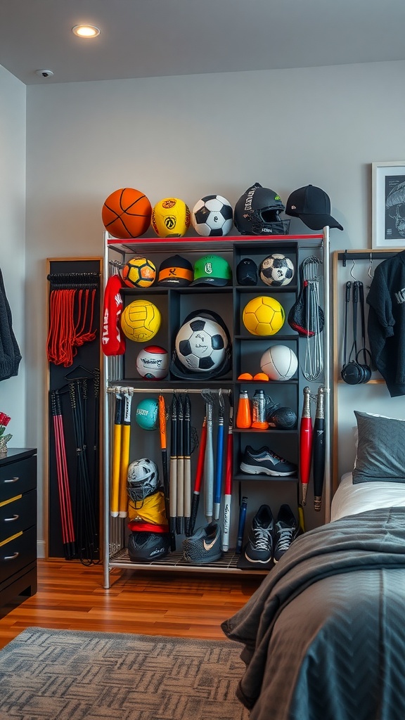 Sports equipment display rack filled with various sports balls, hats, and gear in a boys bedroom.