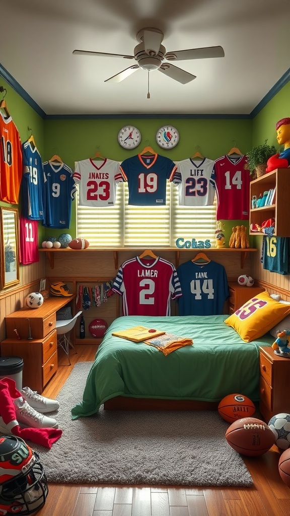 Boys bedroom decorated with sports jerseys, balls, and vibrant colors