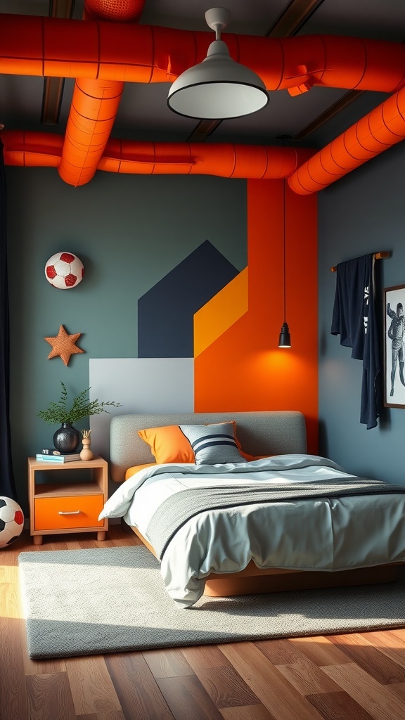 Sporty teenage bedroom with orange and gray walls, soccer ball decor, and cozy bedding