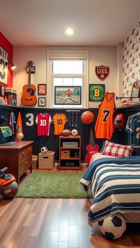 A sporty chic bedroom featuring sports jerseys, a guitar, and various sports equipment.