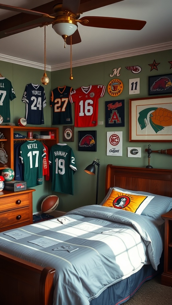 A bedroom decorated with sports jerseys, a football, and a cozy bed, showcasing team spirit.