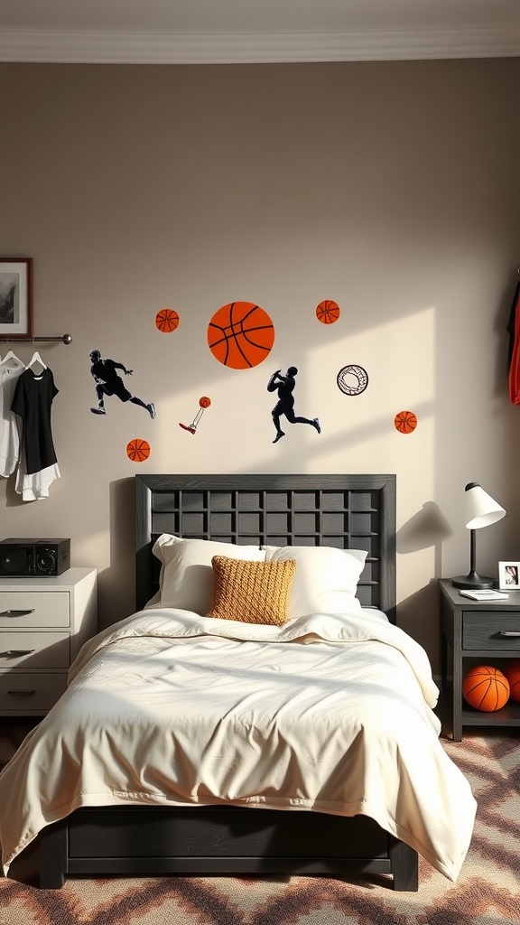 A teenager's bedroom featuring basketball wall decals, a black bed frame, and light-colored bedding.
