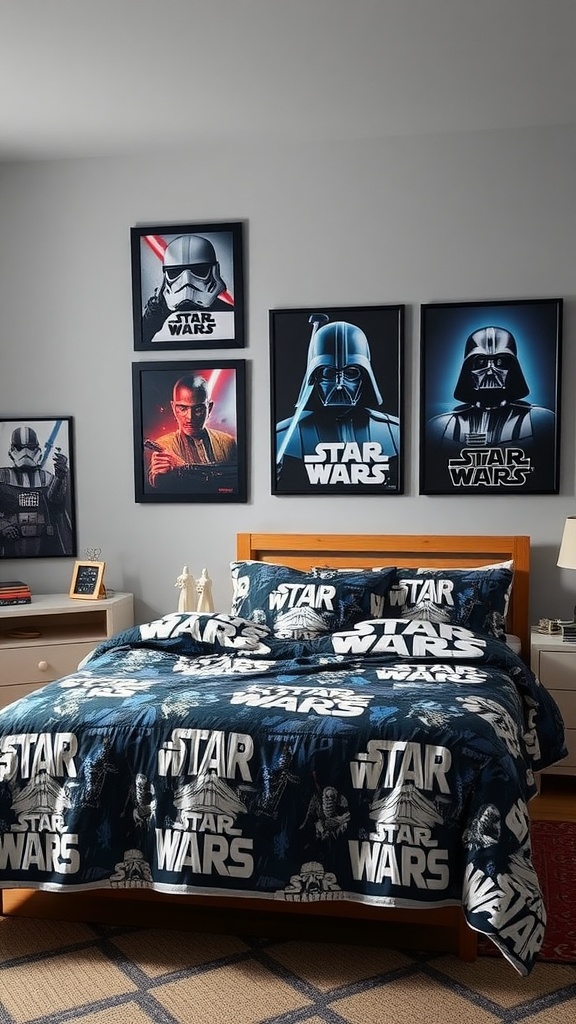 A Star Wars themed boys bedroom with themed bedding and wall decor.