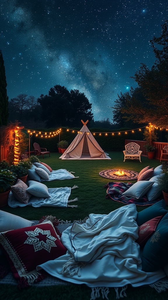 Cozy stargazing area in a garden with blankets, cushions, a fire pit, and twinkling lights.